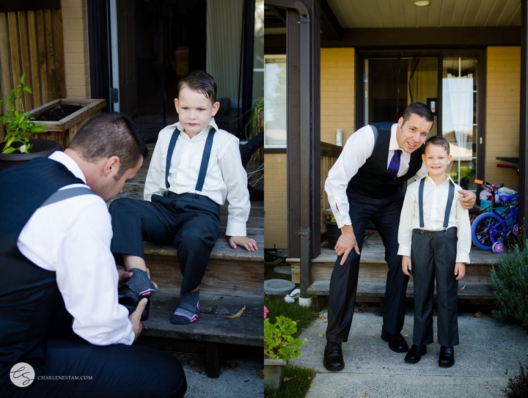 groom with son on morning of wedding