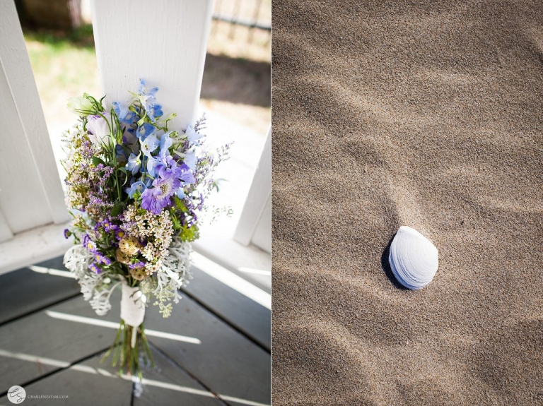 bouquet and shell in sand
