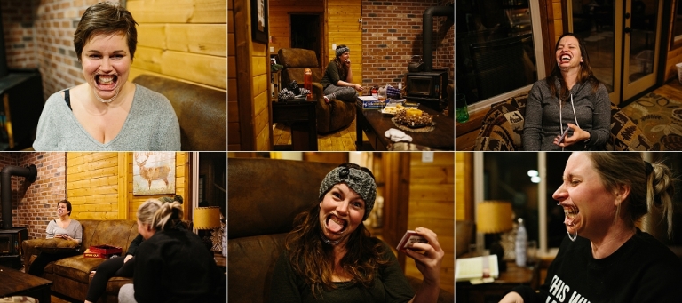 Photos of people playing 'Speak Out' in a cabin at Loon Lake