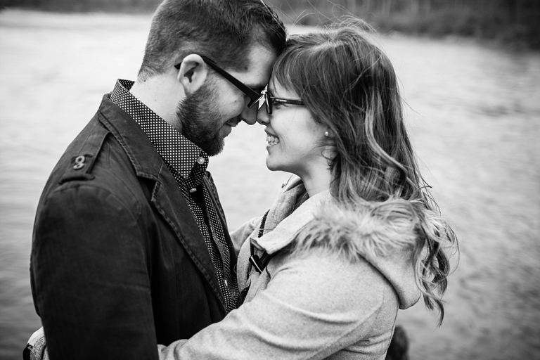 Black and white photo of couple at their Fraser River Engagement Session