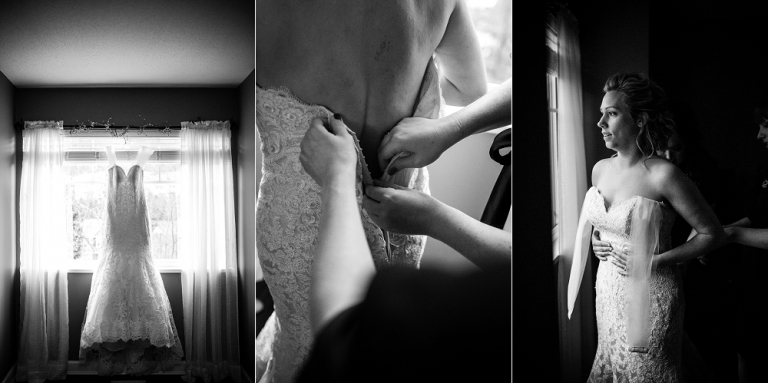 collage of brides dress and bride being zipped into her dress on her wedding day